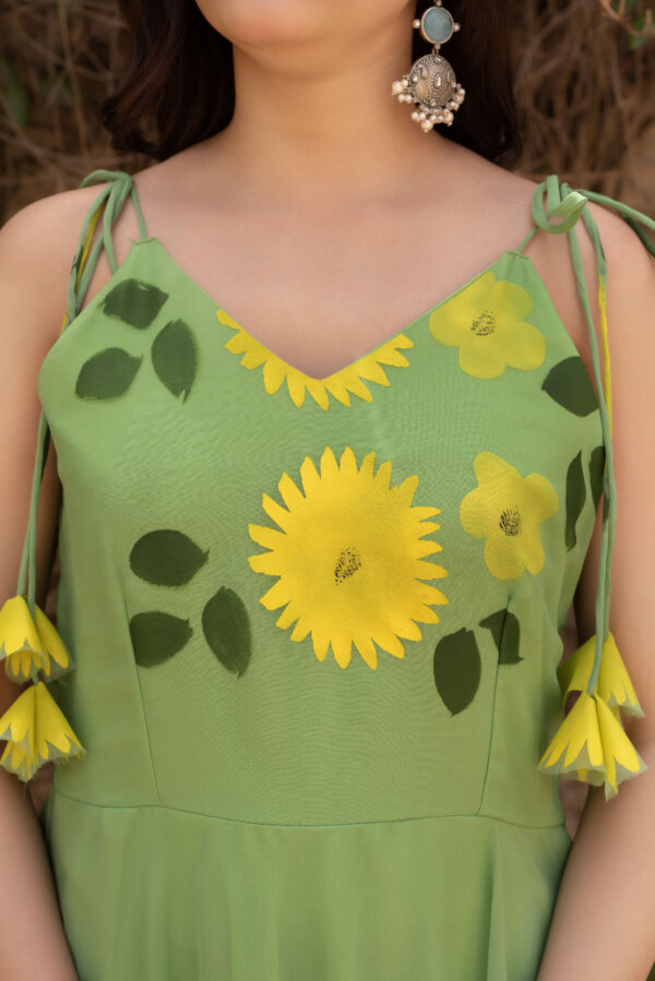 Pista Green Hand Painted Floral Anarkali Set - Image 6
