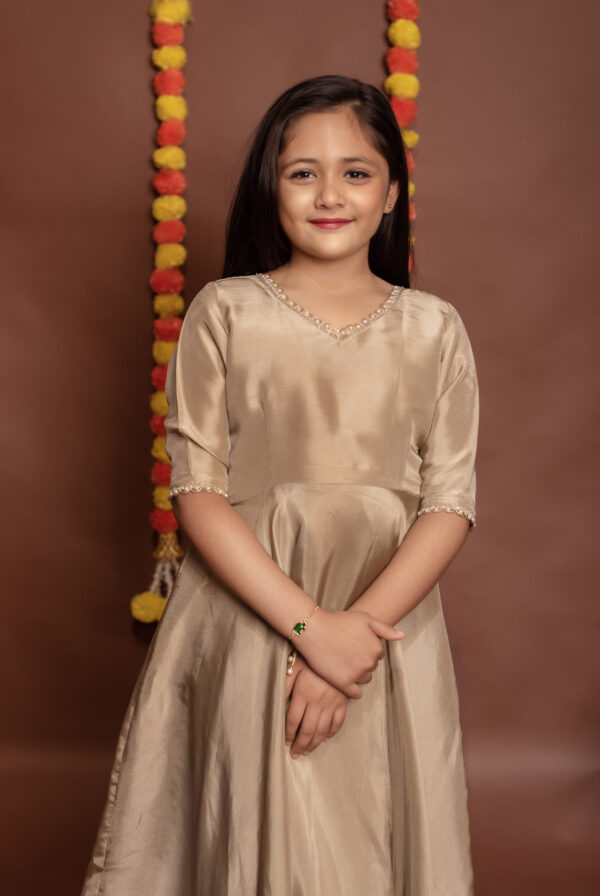 Tyohaar kids Beige Silk Anarkali Set - Image 4