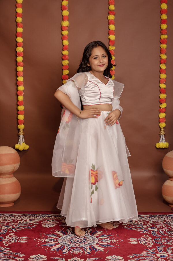 Tyohaar kids White and Red Hand Painted Organza Lehanga Set - Image 2