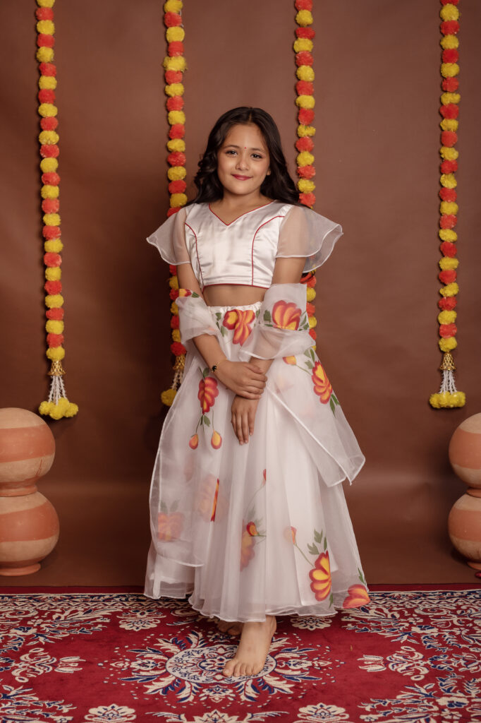 Tyohaar kids White and Red Hand Painted Organza Lehanga Set