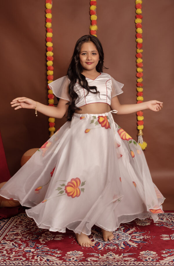 Tyohaar kids White and Red Hand Painted Organza Lehanga Set - Image 4