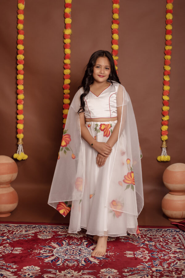 Tyohaar kids White and Red Hand Painted Organza Lehanga Set - Image 5