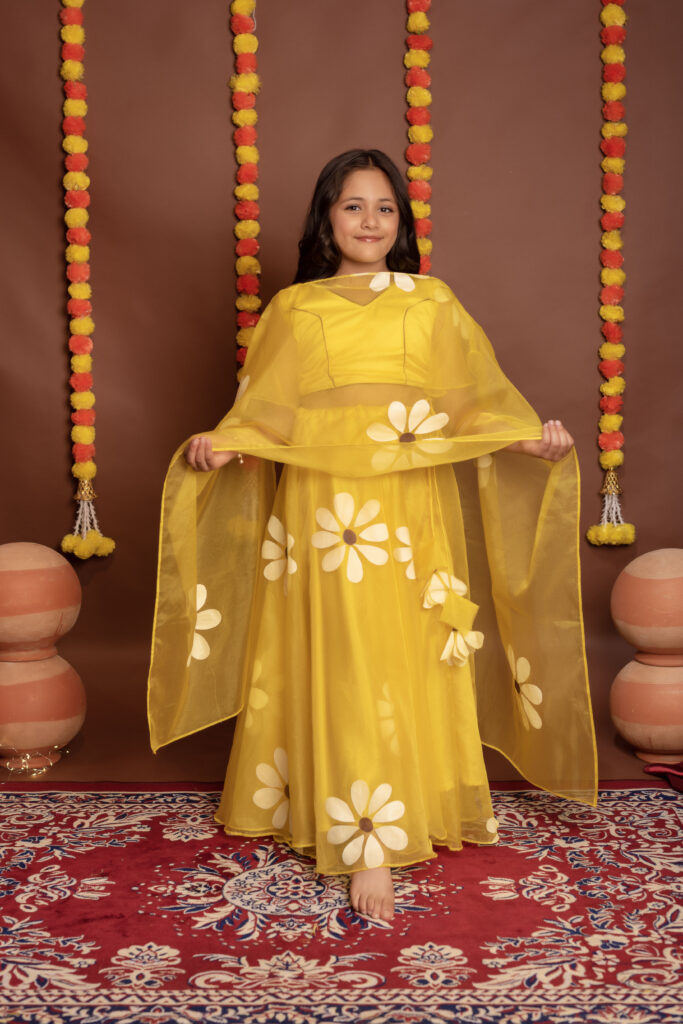 Tyohaar Kids Mustard Yellow Organza Lehanga  Set