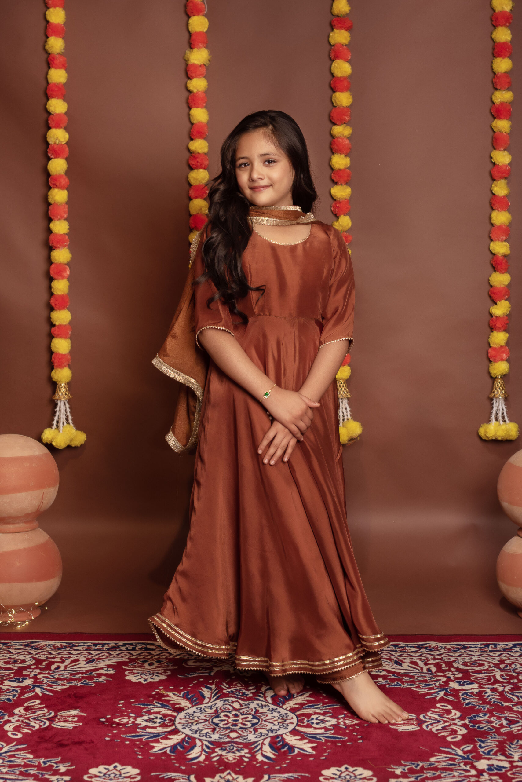 Tyohaar Kids Brown Silk Anarkali Set