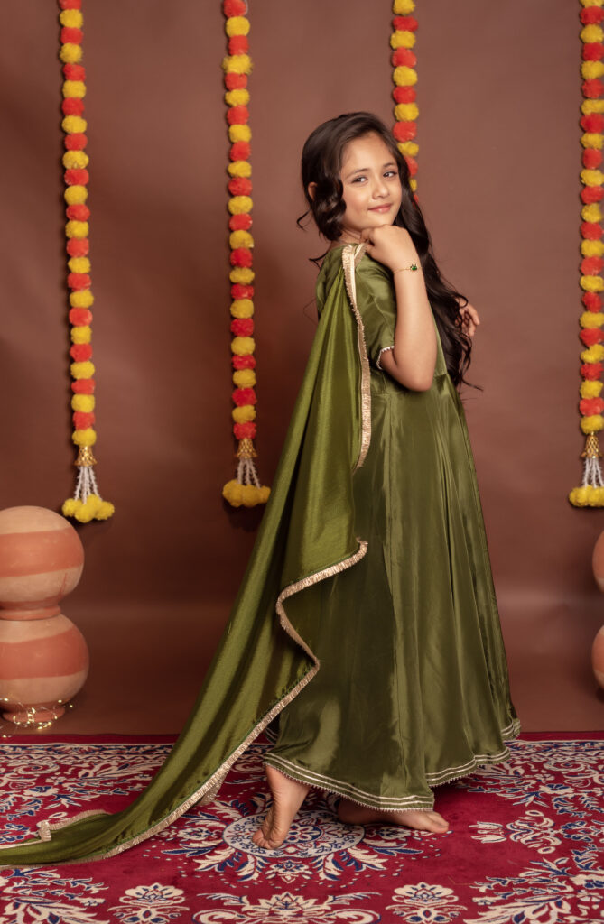 Tyohaar kids Olive green Silk Anarkali Set