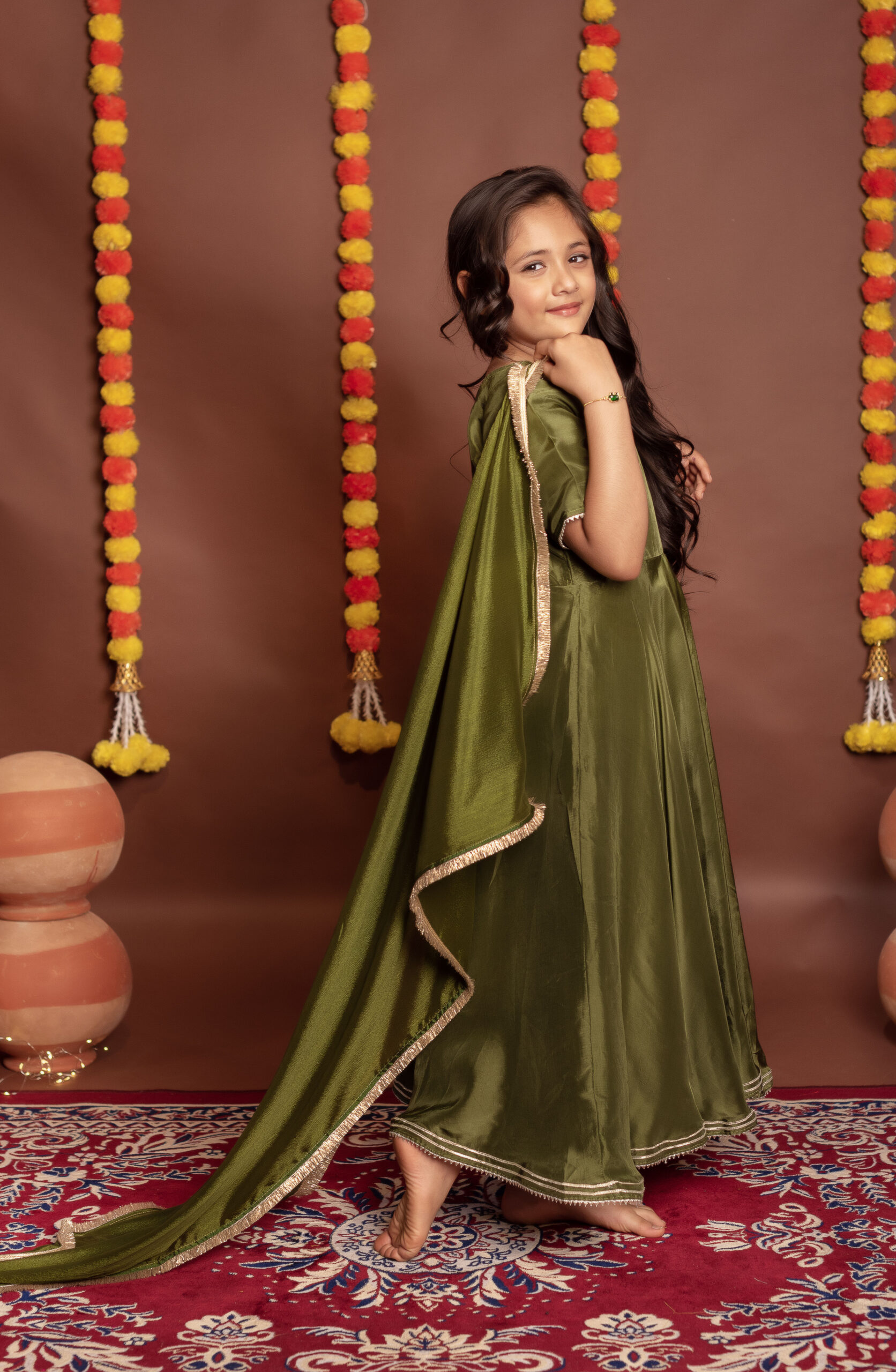 Tyohaar kids Olive green Silk Anarkali Set
