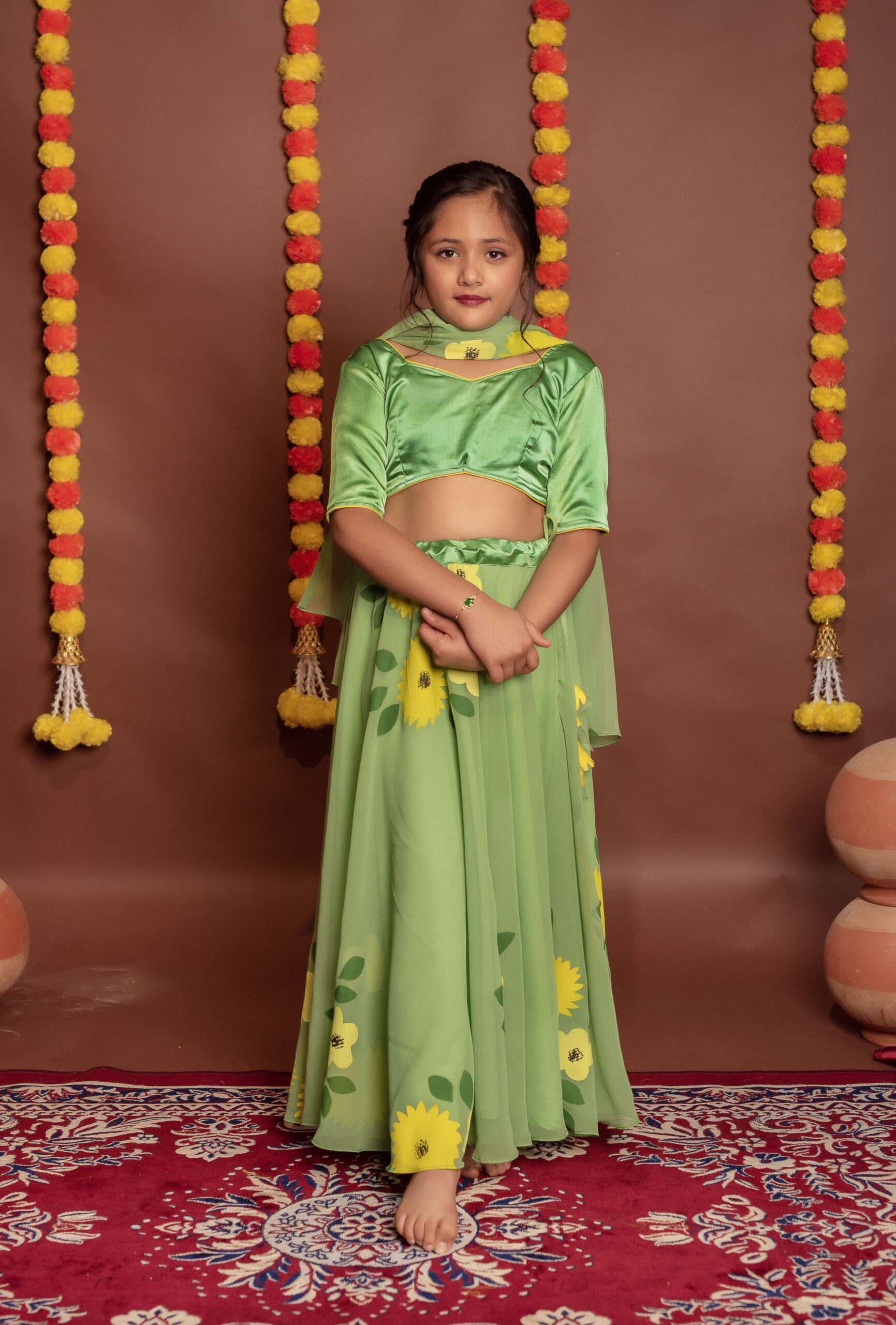 Tyohaar Kids Pista Green Hand Painted Lehenga Set