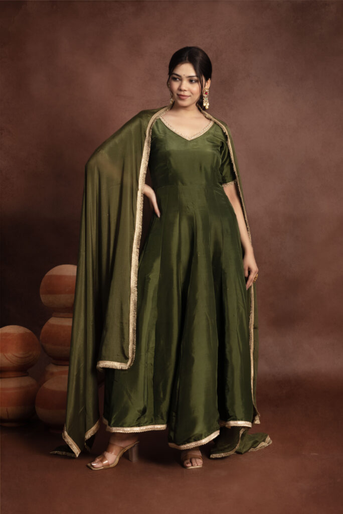 Tyohaar Olive Green Silk Anarkali Set