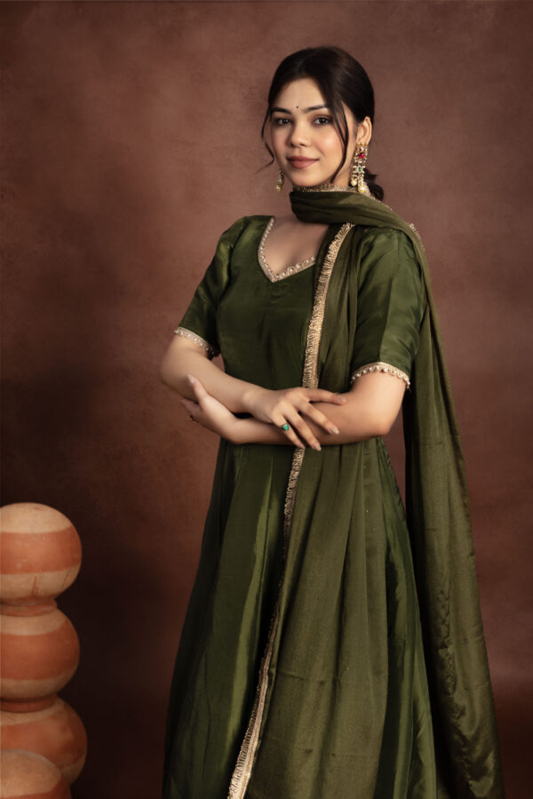 Tyohaar Olive Green Silk Anarkali Set - Image 3
