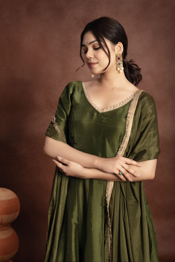 Tyohaar Olive Green Silk Anarkali Set - Image 4