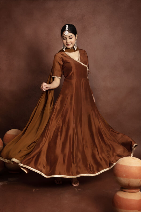 Tyohaar Brown Silk Angrakha Anarkali Set. - Image 3