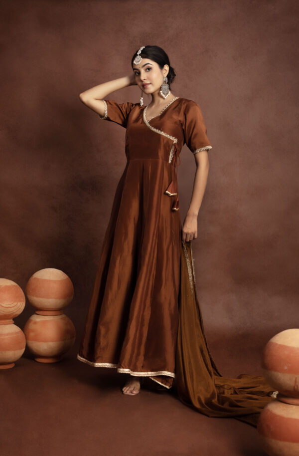 Tyohaar Brown Silk Angrakha Anarkali Set. - Image 2