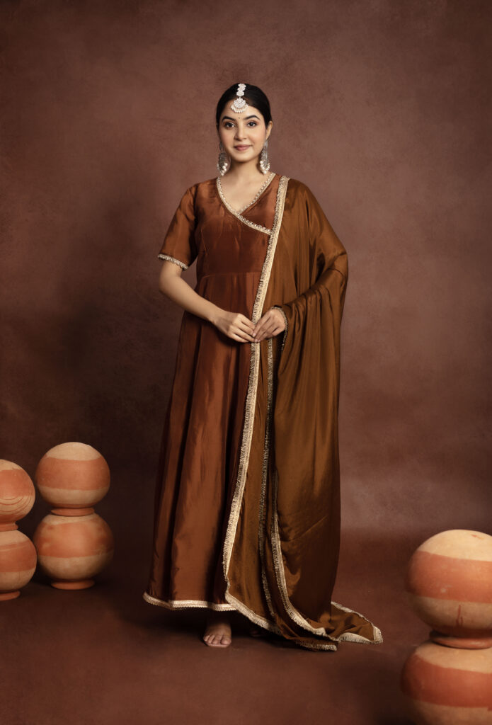 Tyohaar Brown Silk Angrakha Anarkali Set.