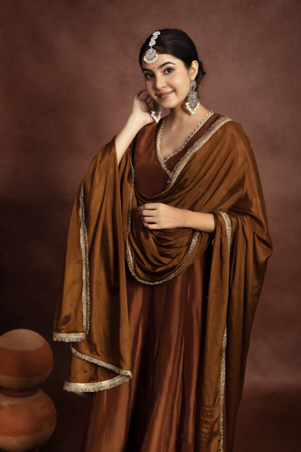Tyohaar Brown Silk Angrakha Anarkali Set. - Image 4