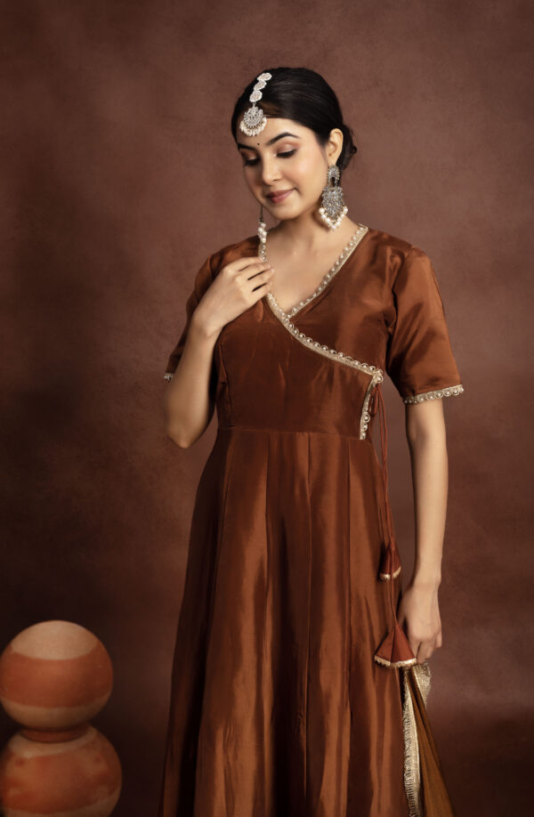 Tyohaar Brown Silk Angrakha Anarkali Set. - Image 5