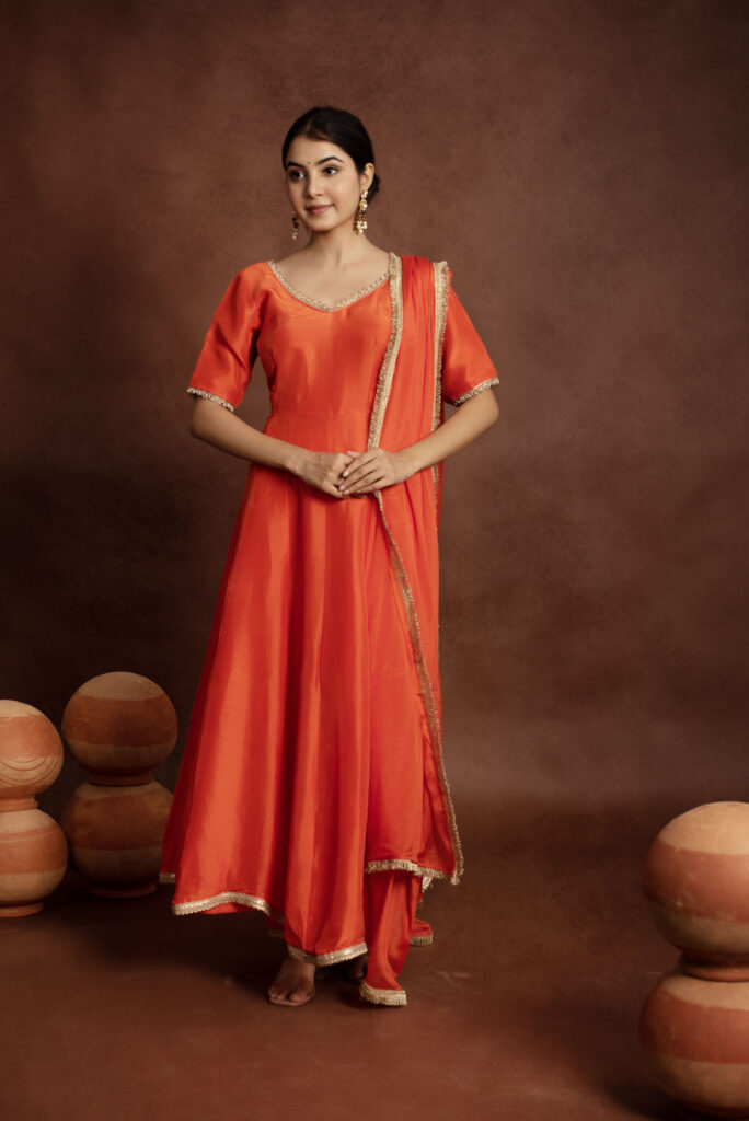 Tyohaar Orange Silk Anarkali Set