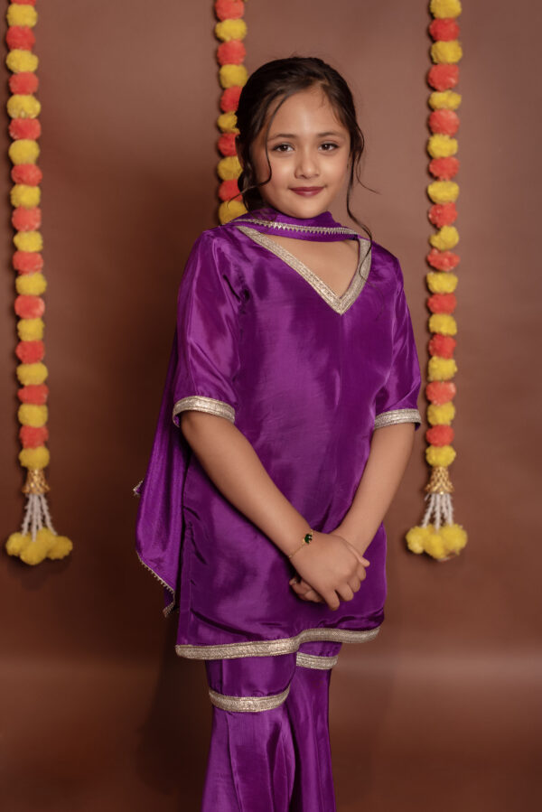 Tyohaar Kids Purple Silk Sharara Set - Image 3